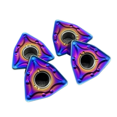 Top Tier 10Pcs Indexable Carbide Lathe Tool Set With WNMG080404 Blades, four colorful triangular carbide inserts for metal cutting.