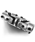 Three Quarters Inch Double Steering Universal U Joint Shaft Coupler DD To DD With 70 Degree Max Angle Five And One Eighth Inch Overall Length Chrome Finish Rugged Steel Construction Heavy Duty Drive Linkage.