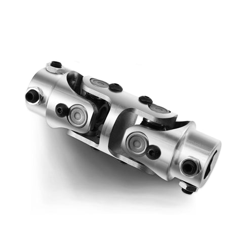 Three Quarters Inch Double Steering Universal U Joint Shaft Coupler DD To DD With 70 Degree Max Angle Five And One Eighth Inch Overall Length Chrome Finish Rugged Steel Construction Heavy Duty Drive Linkage.