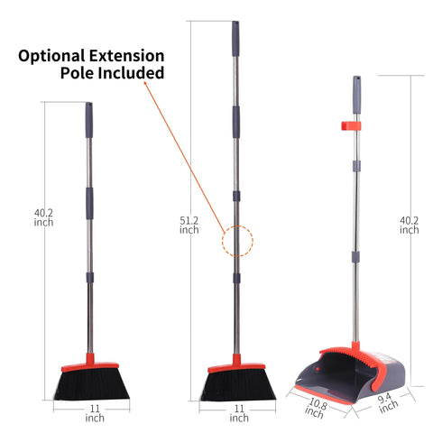Extended Telescoping Broom And Dustpan Set With Adjustable Handle for Zero Bend Sweeping shown with pole measurements included