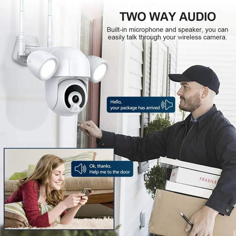 2K 3MP Outdoor WiFi Floodlight Security Camera With PTZ demonstrating two way audio feature with delivery man.