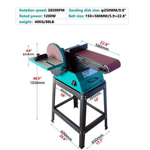 Heavy Hitter Belt Disc Sander With Stand Adjustable Angle Bench Grinder 1200W Motor No Sweat For Wood Metal Aluminum with dimensions