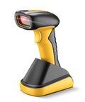 Rugged Industrial Bluetooth Barcode Scanner With QR And 2D And 1D Capability Workhorse 2600mAh Battery IP67 Waterproof And 7M Drop Proof Wireless For Store POS Computer iPhone Android Includes Charging Stand Ready To Scan Anywhere in yellow and black, shown with charging stand.