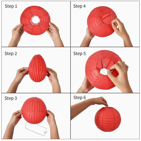 Assembly steps for Six Inch White Paper Lanterns Set Of Six Hanging Round Lanterns For Birthday Party Wedding Christmas Bridal Home Decor Chinese Japanese Style Easy To Hang And Reusable.
