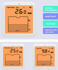 No Fuss Ultrasonic Water Level Monitor With Digital Readout And High Sensitivity Sensor For Accurate Tank Capacity Measurement in Home Containers, Reservoirs, Farms And Indoor Storage showing real-time data on an orange display.