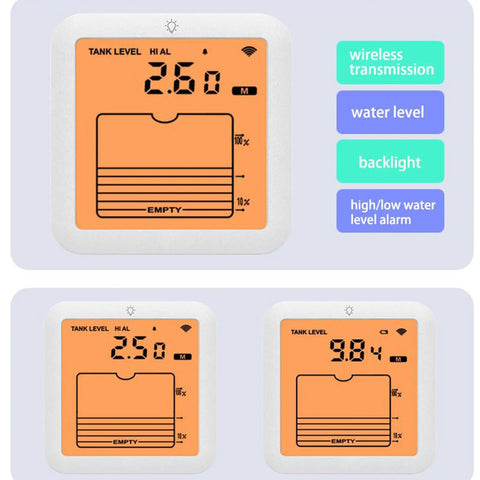 No Fuss Ultrasonic Water Level Monitor With Digital Readout And High Sensitivity Sensor For Accurate Tank Capacity Measurement in Home Containers, Reservoirs, Farms And Indoor Storage showing real-time data on an orange display.