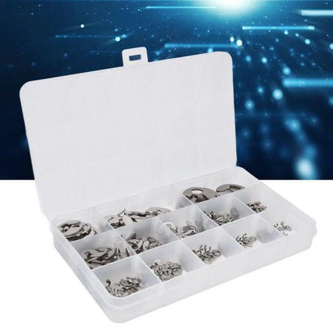 Open box showing 400 Pieces Stainless Steel E Clip Retaining Assortment Kit with sizes from 1.5mm to 15mm for bearings and gears