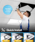 Installation of 4 Pack 2x2 LED Flat Panel Light 5000K Daylight, 40W Dimmable 0 to 10V, in drop ceiling for commercial use.