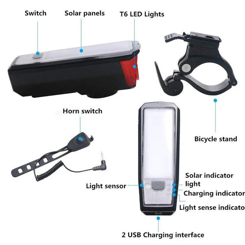 Solar Powered USB Rechargeable Bike Front Light With 350 Lumens 5 Modes All Weather Waterproof Mountain Bike Headlamp Plus 120dB Electric Bell Horn For Road Cycling Safety Go To Gear