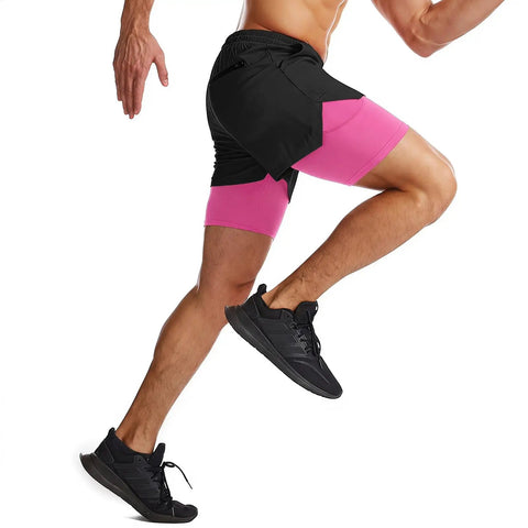 Two In One Men's Running Shorts With Liner, Quick Dry Athletic Shorts For Workouts With Zip Pockets And Towel Loop, Black Pink
