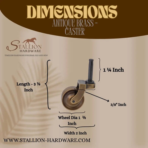 Dimensions of Heavy Duty Antique Brass Replacement Caster Wheels Smooth As Butter Rolling For Furniture, 1 3/8 inch diameter.