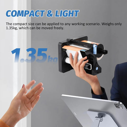 Workhorse Portable Label Dispenser With Dual Sensors And Three Speed Modes For Shipping Packages Includes Rechargeable Battery with hands demonstrating portability.