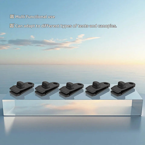 Five Heavy Duty Windproof Tent Clips with Anti Slip Teeth for Camping, Rugged Rope Clamps on display against sky background.
