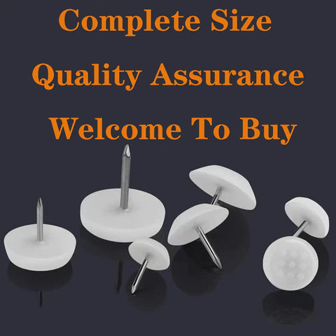 Heavy Duty White Nylon Furniture Sliders Nail On Chair Leg Protectors Floor Glide Pads With Bulletproof Grip Silky Smooth Glide Scratch Shield Table Guards 30 Pack displayed with various sizes and designs.
