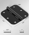 Matte Black 18 Pack Interior Door Hinges 3.5 Inch 5/8 Radius Round No Squeak Ball Bearing, shown with screws and dimensions