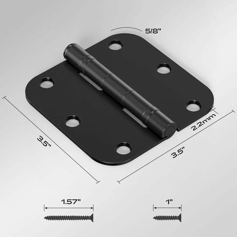 Matte Black 18 Pack Interior Door Hinges 3.5 Inch 5/8 Radius Round No Squeak Ball Bearing, shown with screws and dimensions