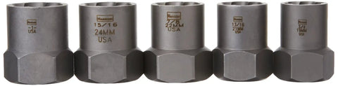 Five Piece Lugnut Extractor Kit for Removing Stripped Lug Nuts, Built Tough With High Carbon Steel, Universal Lobular Design With Reverse Spiral Flutes, Includes Carrying Case