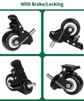 All Purpose 2 Inch Rubber Caster Wheels Set Of Four With Locking Brakes And Threaded Stem heavy duty rollers showcasing locking mechanism and threaded stem.