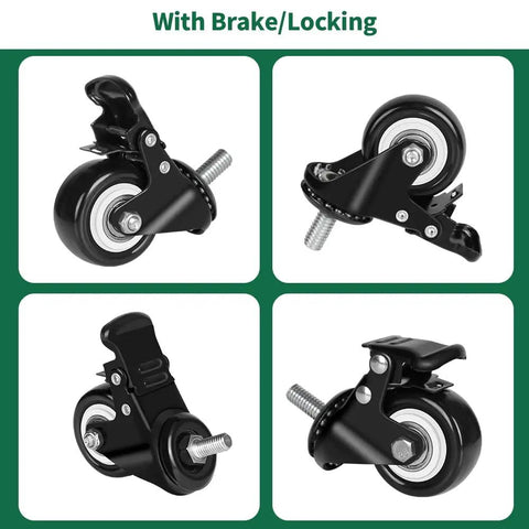 All Purpose 2 Inch Rubber Caster Wheels Set Of Four With Locking Brakes And Threaded Stem heavy duty rollers showcasing locking mechanism and threaded stem.