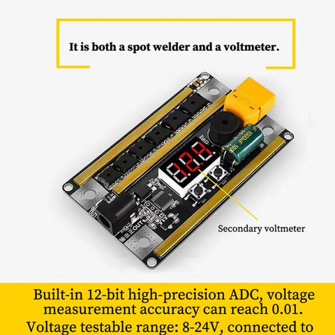 Spot Welder With Three Modes And Digital Power Control showing real-time battery voltage display and compact design.