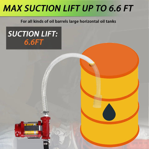 Heavy Duty Portable 110V Fuel Transfer Pump With Manual Nozzle For Gas Diesel Kerosene Biodiesel And More Self Priming 10 GPM Oil Transfer Pump For Home Garage Shop Farm Use showing 6.6 FT max suction lift capability