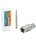 Three-piece CORTOOL annular cutter set; 1 inch diameter, 3/4 inch Weldon shank, HSS M2 with pilot pin in case
