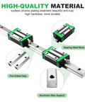 Two HGR20 200mm Linear Guide Rails With Four HGH20CA Carriage Blocks, chrome plated steel, shown with bearing blocks and pre-drilled holes.