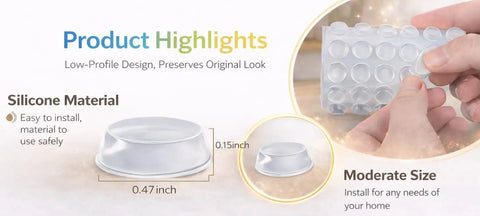 300 Pieces Clear Silicone Cabinet Door Bumpers With Super Tacky Self Adhesive Back Anti Slam Furniture Pads For Drawers And Furniture Easy Peasy Install Guaranteed Zero Slams Forever shown with size dimensions and silicone material details.