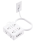 Super Sleek Flat Plug Power Strip With Ten Foot Extension Cord, featuring eight outlets and USB ports, connected to a wall.