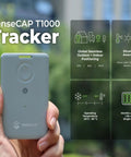 Hand holding the SenseCAP T1000 tracker, showcasing global positioning and sensor capabilities with text on features.