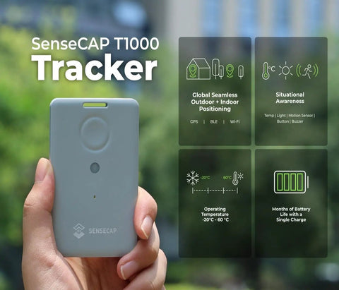 Hand holding the SenseCAP T1000 tracker, showcasing global positioning and sensor capabilities with text on features.
