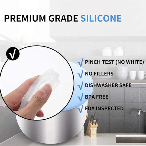 No Fuss Replacement Silicone Gasket Seal For 8 Quart Power Pressure Cooker XL showing fingers pinching silicone for quality check.