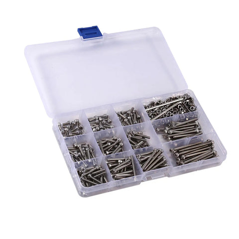 Hardcore 440 Piece 304 Stainless Steel Hex Head Socket Screws And Nuts Assortment Kit M3 Metric Bolts Nuts With 2 Hex Keys For Tough Home Repair Or Weekend DIY Projects Inside Rust Resistant Plastic Storage Case With Lid Organizer Tray, open