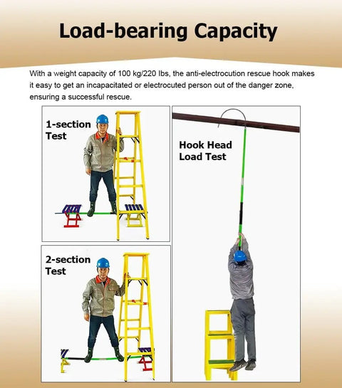 Heavy Duty Extendable High Voltage Insulated Rescue Hook with Telescoping Pole in load-bearing test for safety and durability