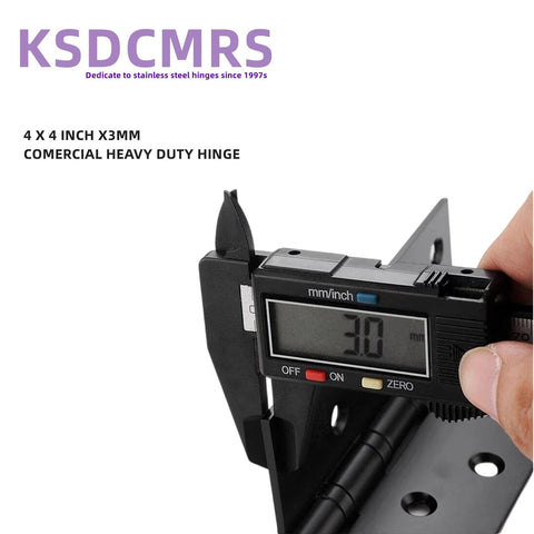 Close-up of black stainless steel door hinge with caliper showing 30 mm measurement, 4-pack heavy-duty ball-bearing hinges