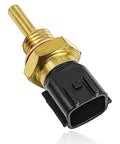 Close-up view of coolant temperature sensor with brass threaded body and black plastic connector