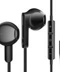 Black wired earphones with microphone and volume controls, showcasing ergonomic in-ear design and 3.5mm audio jack.