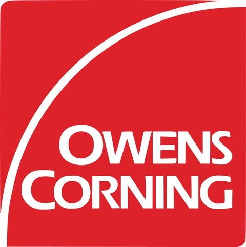 Owens Corning logo on red background, representing R38 Kraft Faced Fiberglass Insulation Batts Covers 341 Square Feet Across 8 Bags.