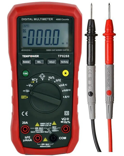 Auto Range Digital Multimeter With NCV, Backlit LCD, Beast-Mode Readouts, True DC 1000V/20A And AC 750V/20A with red casing and probes
