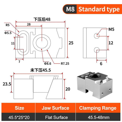 Built Tough Pneumatic Bench Vise With Boss Grade Precision Side Clamp For Multistation Cnc Machining Center detailed diagram with dimensions and clamping specifications.
