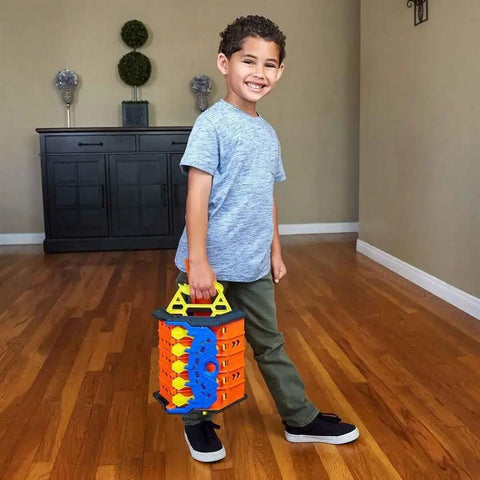 Child holding Roll Out Raceway Track Set With Cool Collapsible Design And Built In Storage For Up To Eighty Die Cast Cars And Five Track Pieces