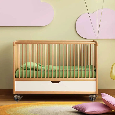 Premium Vintage Brass Plate Casters 2 Inch Swivel Wheels With Locking Brake on a modern nursery crib with green bedding.