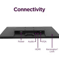 Back view of D27-40 27 Inch FHD All In One Monitor with connectivity ports: Power, Audio, HDMI, VGA, Kensington Lock