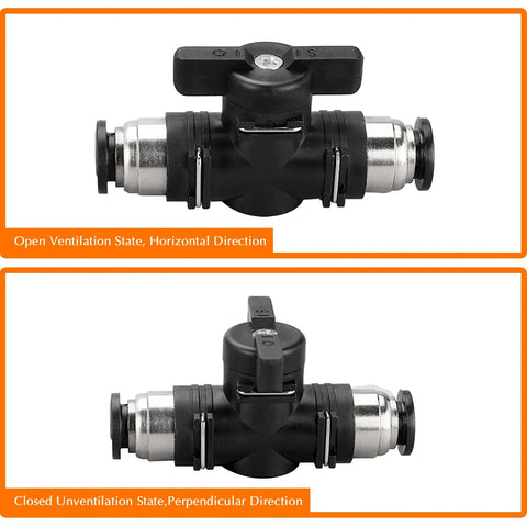 Three Pack Three Eighths Inch Push To Connect Pneumatic Valve Kit With Quick Connect Tube Fittings And Air Flow Control For Fast Easy Install Union Straight Fittings Heavy Duty Air Flow In Industrial Applications, open and closed views