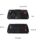 400 Watt Power Inverter DC To AC Converter With Quick Charge USB And Dual Outlets showing input, USB port, sockets and cooling fan.