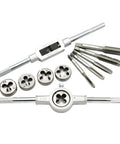 Huge 12 Piece Tap And Die Wrench Set With Heavy Duty Alloy Steel Holders For M3 Through M12 Threads Perfect Metalworking Hand Tools That Are Totally Awesome For Your DIY Projects Or Professional Fabrication Jobs Anywhere. Alloy steel tap and die set with wrench handles and M3 to M12 dies shown on white background