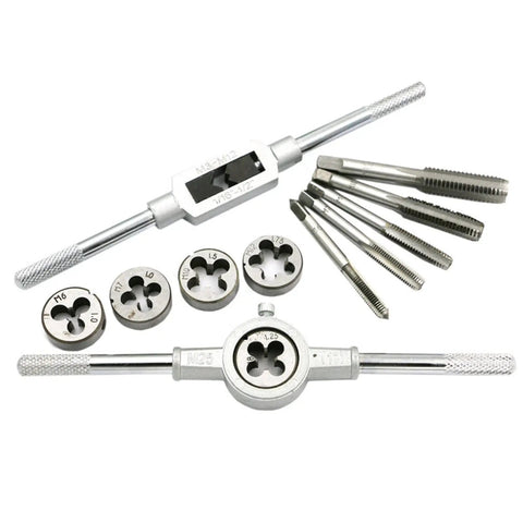 Huge 12 Piece Tap And Die Wrench Set With Heavy Duty Alloy Steel Holders For M3 Through M12 Threads Perfect Metalworking Hand Tools That Are Totally Awesome For Your DIY Projects Or Professional Fabrication Jobs Anywhere. Alloy steel tap and die set with wrench handles and M3 to M12 dies shown on white background