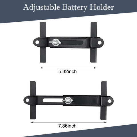 Rock Solid Aluminum Car Battery Holder Bracket With J Bolt Heavy Duty Adjustable Vehicle Mount for secure fit, shown at 5.32 and 7.86 inch sizes.
