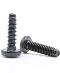 Straight Up Replacement Screws M4 X 14 Millimeter For Television Stand Mounting Hardware Compatible With Samsung TV Legs Dead Simple Install No Sweat Setup Fixed, two black screws with flat heads.