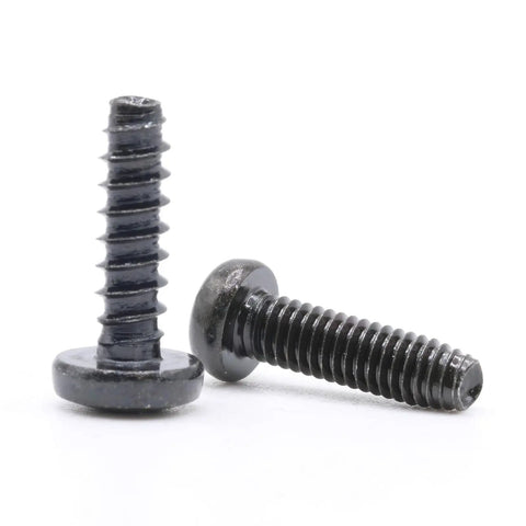Straight Up Replacement Screws M4 X 14 Millimeter For Television Stand Mounting Hardware Compatible With Samsung TV Legs Dead Simple Install No Sweat Setup Fixed, two black screws with flat heads.